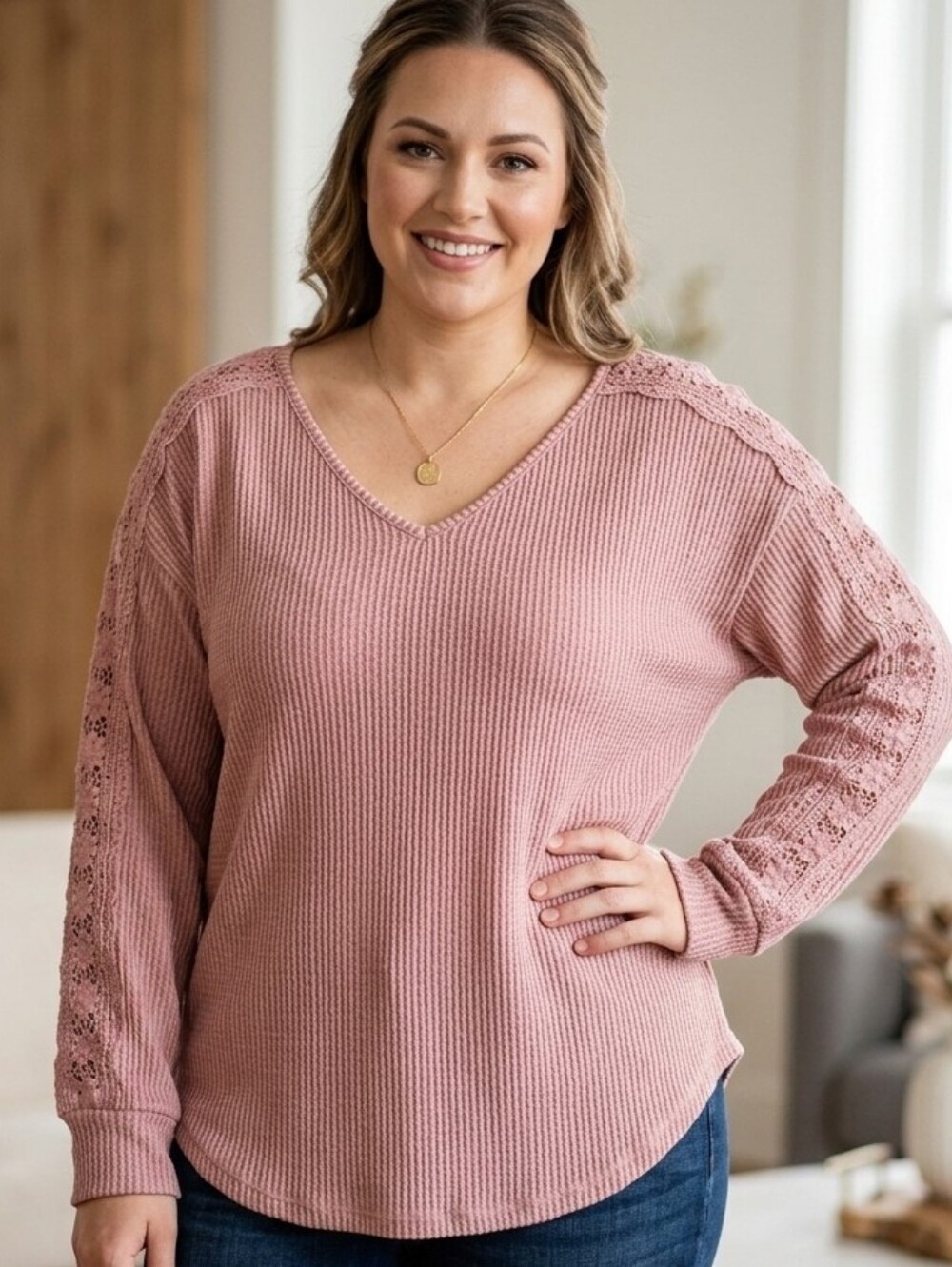 Maurices Women's Ribbed Knit Top with Lace Long Sleeves Dusty Rose Pink Size XL